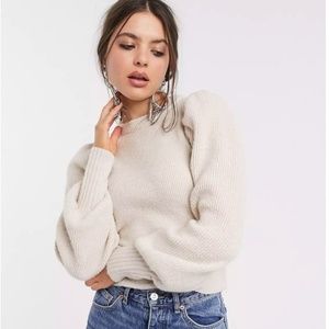 ASOS Bershka Ribbed Volume Sleeve Sweater Color Ecru Size XS